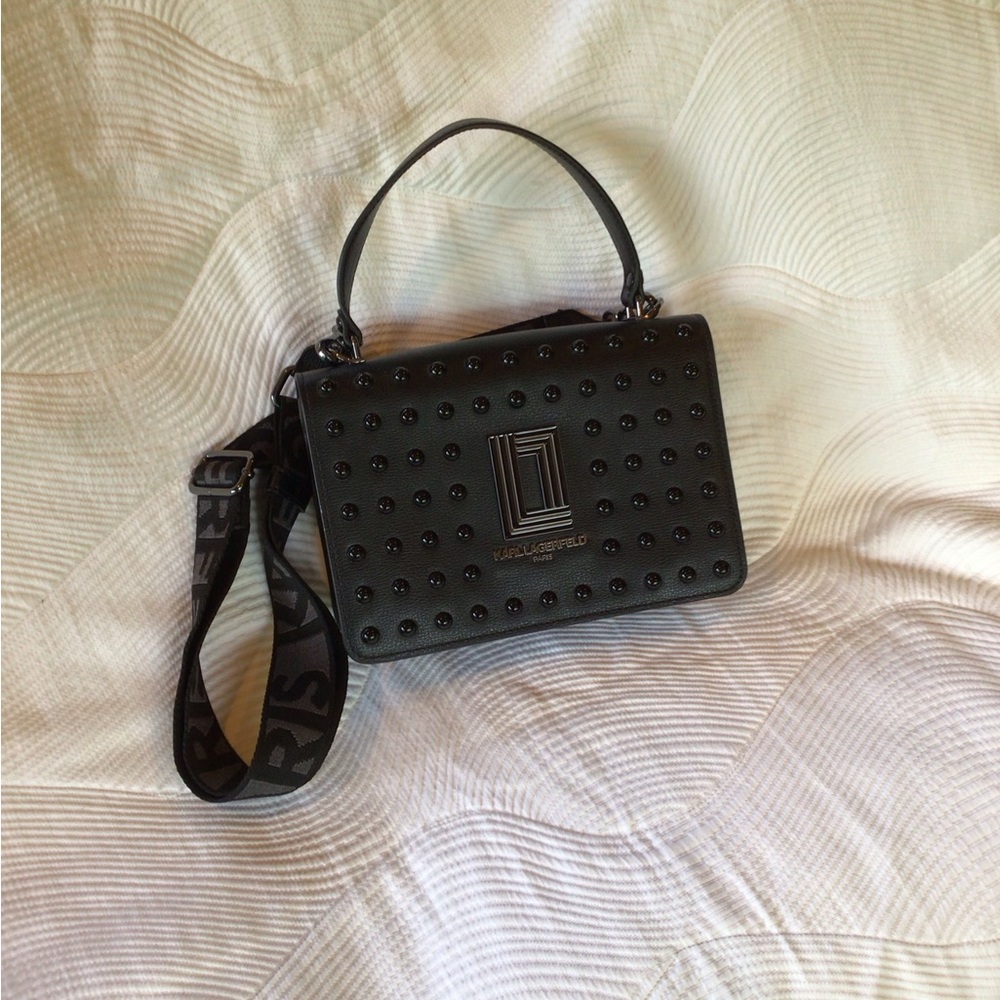 Black Karl Lagerfeld Paris Crossbody Bag with Flap Closure and Adjustable Strap